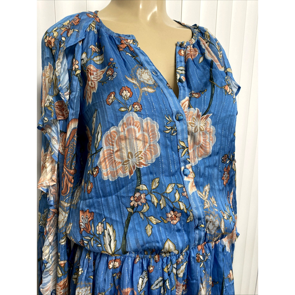 Ramy Brook Printed Hamilton Long Sleeve Mini Blouson Dress Blue Floral Ruffled M - Picture 5 of 12